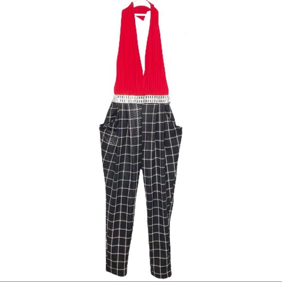 Line Up Red Halter Black Checkered Romper Pants Medium - Picture 2 of 7
